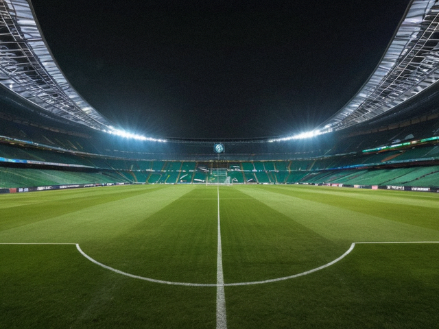 欧冠比赛夜间球场全景，灯光照亮绿茵场地